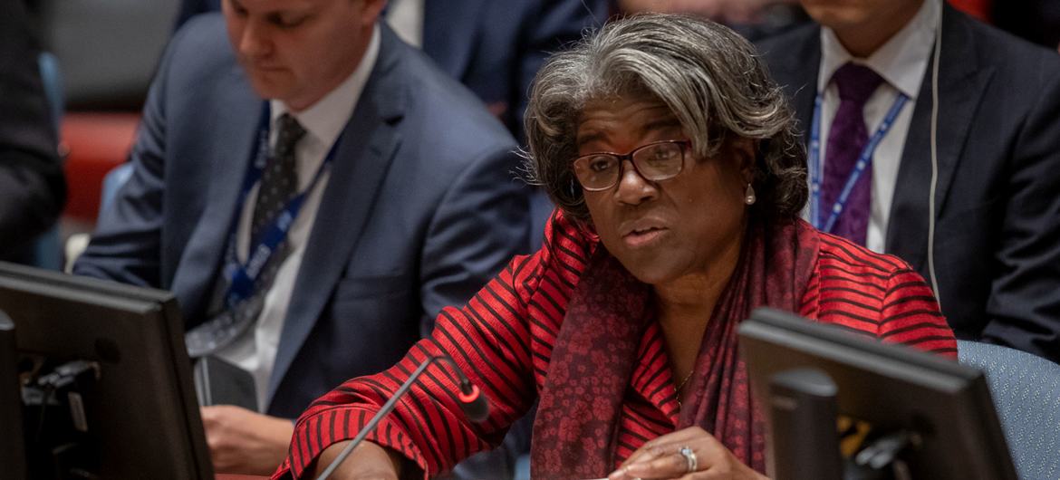U.S. Ambassador Linda Thomas-Greenfield speaks at the United Nations Security Council meeting on Maintaining Peace and Security of Ukraine.